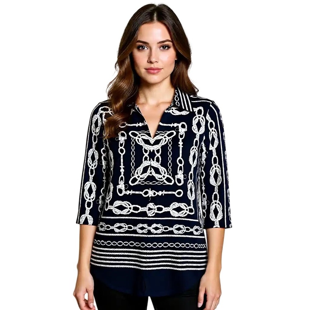 Joseph Ribkoff Navy White Nautical Chain Rope Print Collared 3/4 Sleeve Top 10